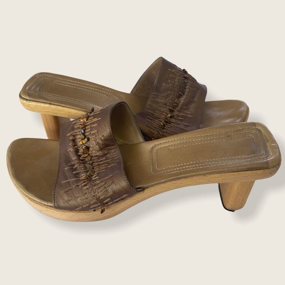 COLE HAAN Women's Resort Black Label Bronze Leather Wood Clog Slides high heels